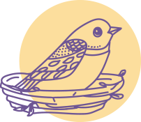 Line drawing of a bird in a nest on a yellow circle